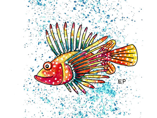 Titel: Feuerfisch - Größe: 30 x 40 cm - Art: Tusche- & Aquarellzeichnung - © by Emil Pelz 2023 2023