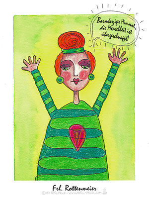 Titel: Frl. Rottenmeier (mit Zitat) - Größe: 30 x 40 - Art: Aquarell- u. Ölstiftmalerei - © by Emil Pelz 2023