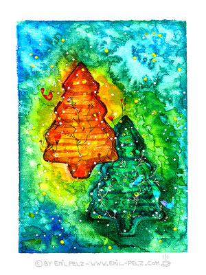 Titel: Weihnachtsbäume - Größe: 30 x 40 - Art: Aquarellmalerei - © by Emil Pelz 2023