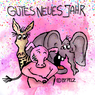 Neujahr, Esel, Schwein, Elefant, Illustration, Cartoon, bunte Zeichnung, Copyright by Pelz, 2026.