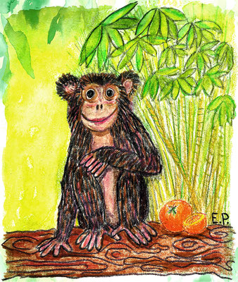 Titel: Schimpanse - Größe: 30 x 35,5 cm - Art: Buntstift- & Aquarellmalerei - © by Emil Pelz 2023