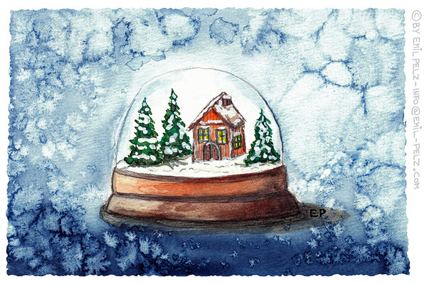 Titel: Schneekugel - Größe: 15 x 20 - Art: Aquarell - © by Emil Pelz 2024