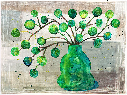 Titel: Blumen in einer Vase II - Größe: 30 x 40 - Art: Aquarell & Découpage - © by Emil Pelz 2024