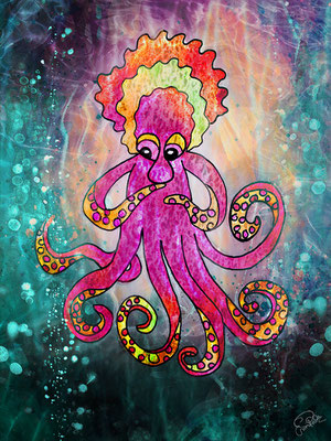 Titel: Oktopus - Größe: 30 x 40 cm - Art: digitale Malerei / gezeichnet mit Zeichentablett WACOM INTUOS BT M - © by Emil Pelz 2023