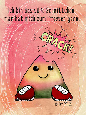 Schnittchen, süß, Turnschuhe, Zitat, Zeichnung, Cartoon, Illustration, Manga, gelb, gelb-rosa, Crack!, lustig, Copyright by Pelz, 2026.