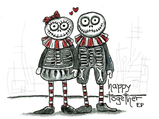 Titel: Happy together - Größe: 30 x 40 - Art: Tinte schwarz/rot, skizziert, mit Wasser vermalt - © by Emil Pelz 2024