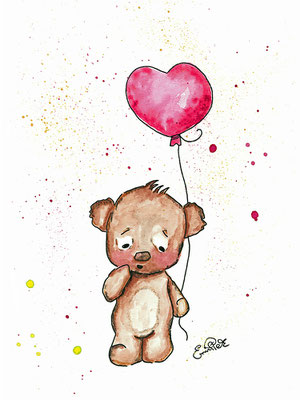 Titel: Bärchen mit Herzluftballon - Größe: 30 x 40 cm - Art: Tusche- & Aquarellzeichnung - © by Emil Pelz 2023