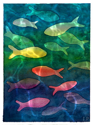 Titel: Schillernde Unterwasserwelt - Größe: 30 x 40 - Art: Aquarell - © by Emil Pelz 2024
