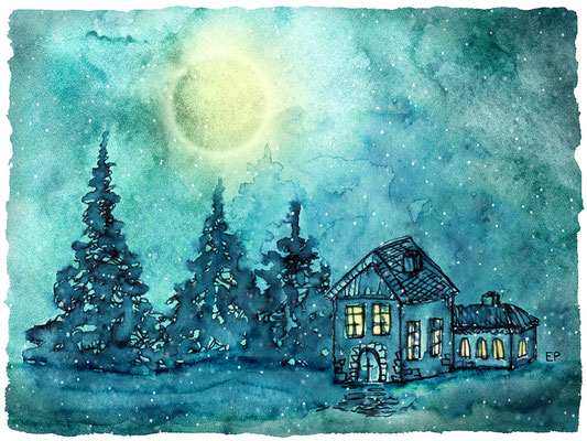 Titel: Waldhäusel im Winter - Größe: 15 x 20 - Art: Aquarell, Tinte skizziert, mit Wasser vermalt - © by Emil Pelz 2024