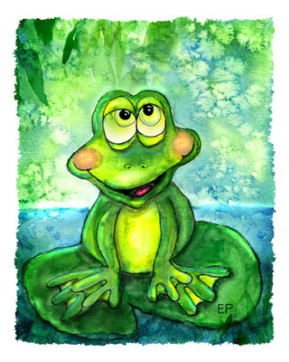 Titel: Frosch auf Seerosenblatt - Größe: 15 x 20 - Art: Aquarell und Tusche - © by Emil Pelz 2024