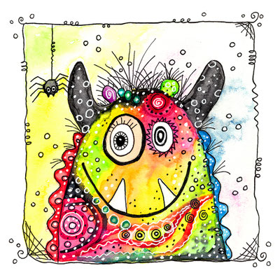 Titel: Happy Monster - Größe: 40 x 40 - Art: Tusche- & Aquarellmalerei - © by Emil Pelz 2023