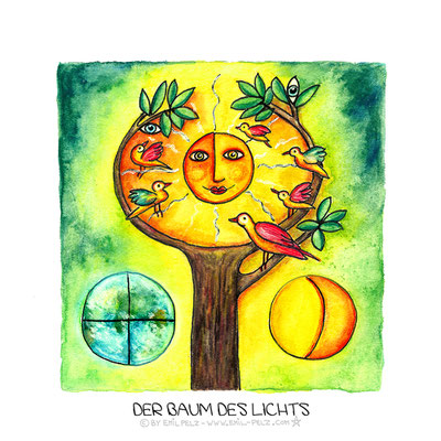 Titel: Der Baum des Lichts - Größe: 40 x 40 - Art: Tusche- & Aquarellmalerei - © by Emil Pelz 2023