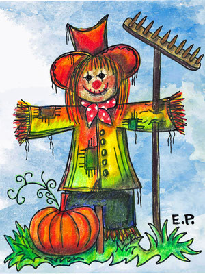 Titel: Rudi die Vogelscheuche - Größe: 30 x 40 cm - Art: Tusche-, Ölstift- & Aquarellzeichnung - © by Emil Pelz 2023