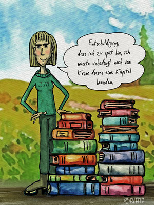 Lesen, Bücher, J.M., Zitat, dünne Frau, Landschaft, Natur, Wiese, Bäume, Gras, Zeichnung, Aquarellmalerei, Cartoon, Illustration, Copyright by Pelz, 2026.