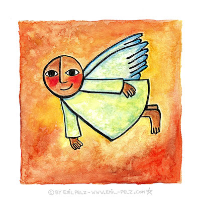 Titel: Engel der Leichtigkeit - Größe: 40 x 40 - Art: Tusche- & Aquarellmalerei - © by Emil Pelz 2023