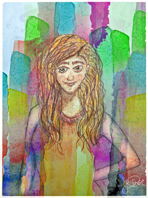 Titel: A colorful Girl - Größe: 30 x 40 cm - Art: Aquarell / Mischtechnik - © by Emil Pelz 2023