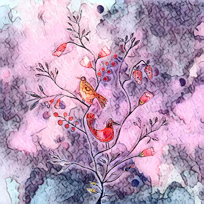 Titel: The Sparrows and the Nightingales - Größe: 30 x 30 - Art: Tusche und Aquarell - © by Pelz / 09. Juli 2025