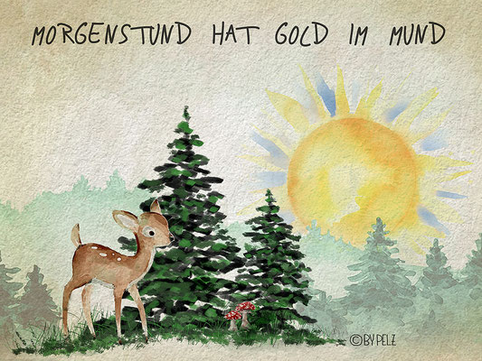 Rehkitz, Fliegenpilze, Wald, Tannenbäume, Natur, Sonne, Morgenstunde, Gras, Märchen, Stillleben, Zeichnung, Aquarellmalerei, Illustration, Copyright by Pelz, 2026.