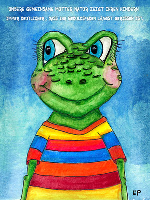 Titel: Frosch / mit Text - Größe: 30 x 40 cm - Art: Tusche-, Aquarell- & Ölstiftzeichnung - © by Emil Pelz 2023