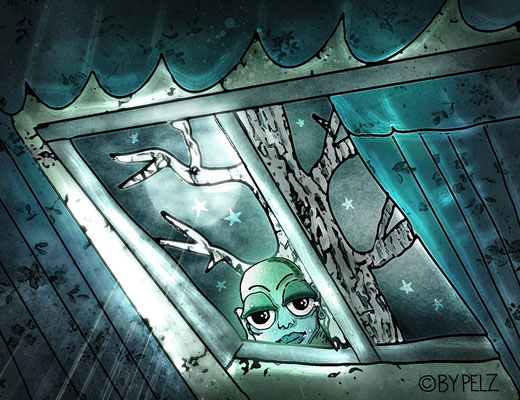 Mondlicht, Nacht, Fantasie, Außerirdischer, Mond, Baum, Fenster, Zeichnung, Illustration, digiART, Copyright by Pelz, 2026.
