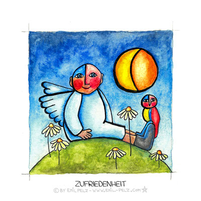 Titel: Zufriedenheit - Größe: 40 x 40 - Art: Tusche- & Aquarellmalerei - © by Emil Pelz 2023