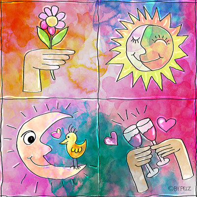 Sonne, Mond, Blume, Hände, Gläser, Herzen, Vogel, Malerei, Illustration, bunte Zeichnung, Copyright by Pelz, 2026.