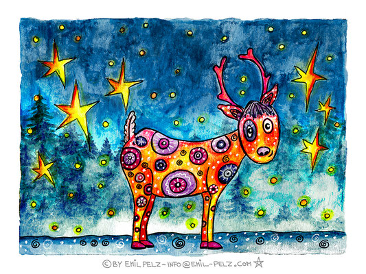 Titel: Happy Reindeer - Größe: 30 x 40 - Art: Tusche- & Aquarellmalerei - © by Emil Pelz 2023