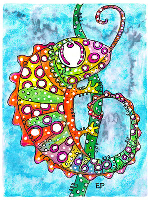 Titel: Chamäleon - Größe: 30 x 40 cm - Art: Tusche- & Aquarellzeichnung - © by Emil Pelz 2023