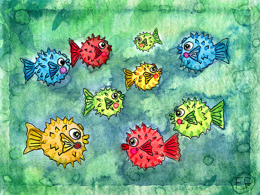 Titel: Kugelfische - Größe: 30 x 40 - Art: Aquarell & Tusche - © by Emil Pelz 2024