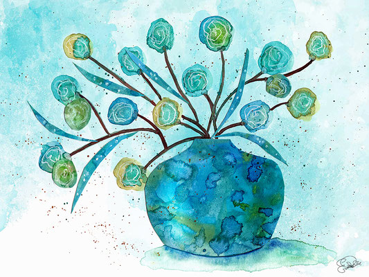 Titel: Blumen in einer Vase - Größe: 30 x 40 - Art: Aquarell & Découpage - © by Emil Pelz 2024