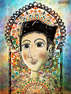 Orientalisch Fantasie, Mann, Gesicht, bunt, Märchen, buntes Glasfenster, Illustration, Zeichnung, Copyright by Pelz, 2026