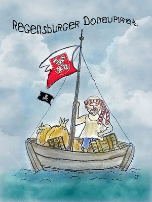 Titel: Regensburger Donaupirat - Größe: 15 x 20 - Art: Aquarellstifte, mit Bleistift skizziert - © by Emil Pelz / 26. Jan. 2025