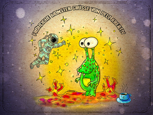 Exponattitel: Hello Alien! / Monster Grußkarten Nr. 1 - Exponatgröße: 15 x 20 - Art: digiART / gezeichnet mit WACOM Inuos BT M - © by Pelz Kreativ 2021