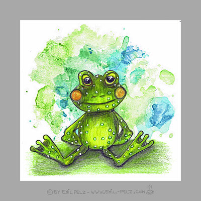 Titel: Sitzender Frosch- Größe: 30 x 30 - Art: Ölstift- & Aquarellmalerei - © by Emil Pelz 2023