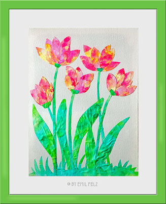 Titel: Tulpenimpression II / im Rahmen - Größe: 50 x 60 - Art: Aquarell & Découpage - © by Emil Pelz 2024