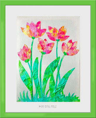 Titel: Tulpenimpression II / im Rahmen - Größe: 50 x 60 - Art: Aquarell & Découpage - © by Emil Pelz 2024