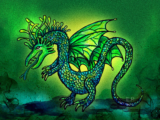 Titel: Drache - Größe: 30 x 40 cm - Art: Tusche-, Ölstift- & Aquarellzeichnung - © by Emil Pelz 2023