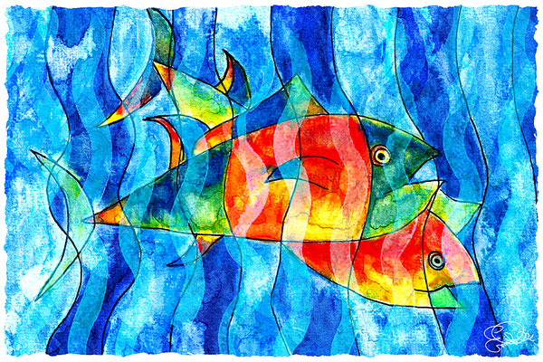 Titel: Fische im Meer - Größe: 40 x 60 cm - Art: Tusche- & Aquarellmalerei - © by Emil Pelz 2023