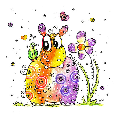 Titel: Happy Hippo - Größe: 30 x 40 - Art: Tusche- & Aquarellmalerei - © by Emil Pelz 2023