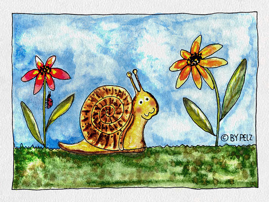 Schnecke, Gras, Blumen, Blüten, Wiese, Himmel, Wolken, Cartoon, Zeichnung, Aquarellmalerei, Illustration, Copyright by Pelz, 2026.