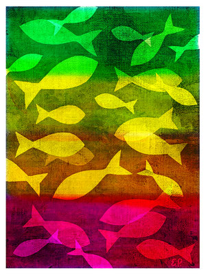 Titel: Fischschwarm - Größe: 30 x 40 - Art: Aquarell - © by Emil Pelz 2024