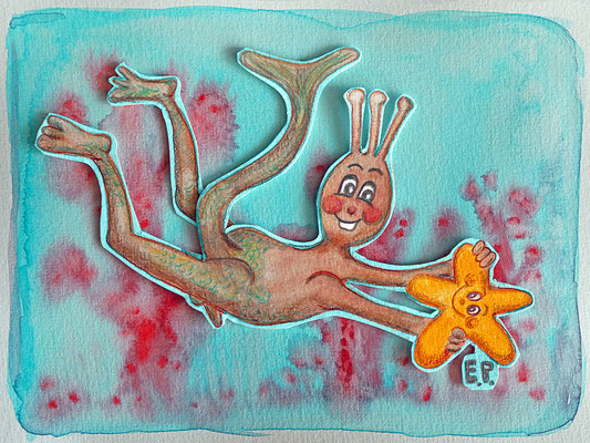 Titel: Sea-Monkeys Männchen - Größe: 40 x 30 cm - Art: Aquarellfarb- & Aquarellstiftzeichnung / Diorama Form - © by Emil Pelz 2023