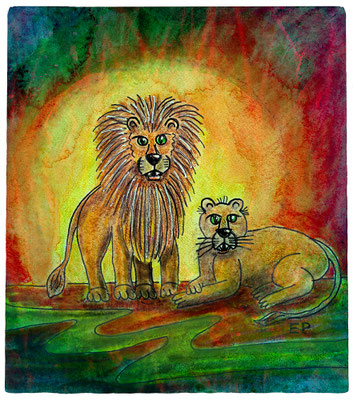Titel: Das Löwenpärchen - Größe: 40 x 43 cm - Art: Tusche- & Aquarellmalerei - © by Emil Pelz 2023