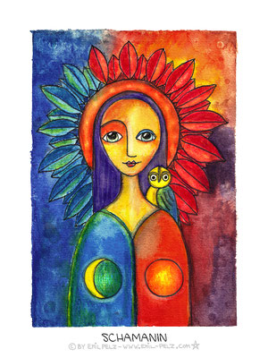Titel: Schamanin - Größe: 30 x 40 - Art: Tusche- & Aquarellmalerei - © by Emil Pelz 2023