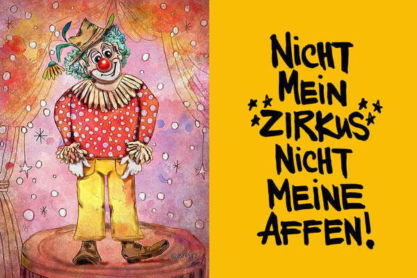 Clown, Manege, Zirkus, Vorhang, Mann, lustige Gestallt, Illustration, Karikatur, Zeichnung, Copyright by Pelz, 2026.