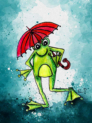 Titel: Spaziergang im Regen - Größe: 30 x 40 cm - Art: Tusche-, Ölstift- & Aquarellzeichnung - © by Emil Pelz 2023