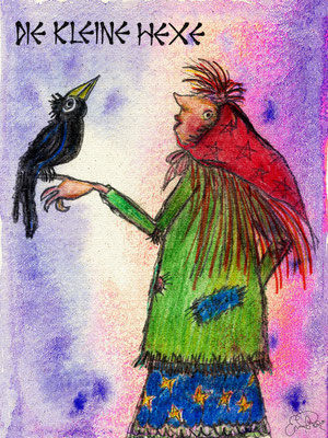 Titel: Die kleine Hexe - Größe: 15 x 20 cm - Art: Farbstift- & Aquarellmalerei - © by Emil Pelz 2023