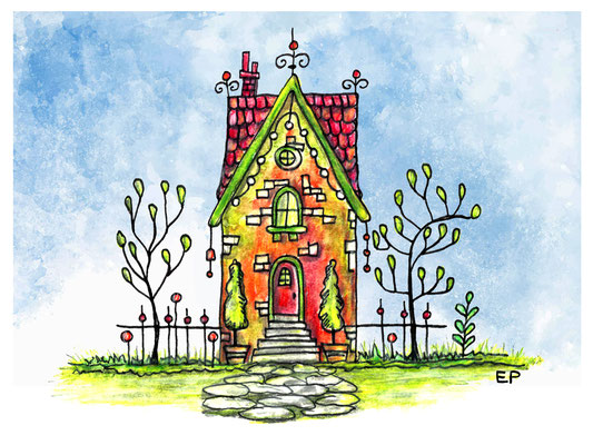Titel: Das kleine Häuschen am Rande der Stadt - Größe: 30 x 40 - Art: Aquarell & Tusche - © by Pelz / 01. April 2025