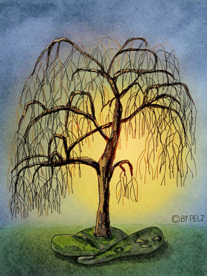 Trauerweide, Baum, Melancholie, traurig, Sonnenuntergang, Illustration, Zeichnung, Karfreitag, Copyright by Pelz, 2026.