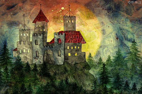 Burg, Sonnenaufgang, Tannenbäume, Wald, Natur, Felsen, bunt, Zeichnung, Illustration, Fantasie, Märchen, Copyright by Pelz, 2026.